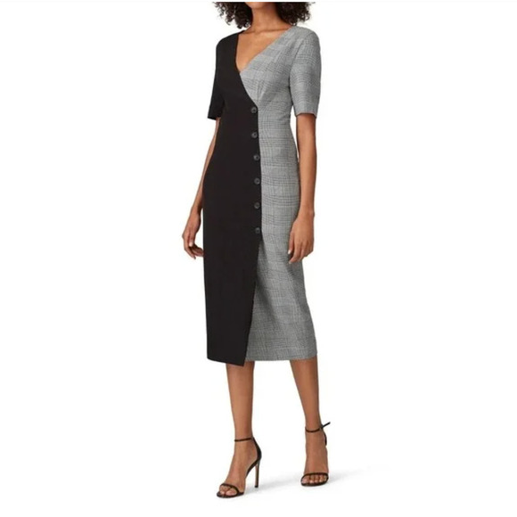 Fame and Partners Everly Houndstooth Sheath Dress 4 Black Gray Academia Midi - Picture 1 of 8
